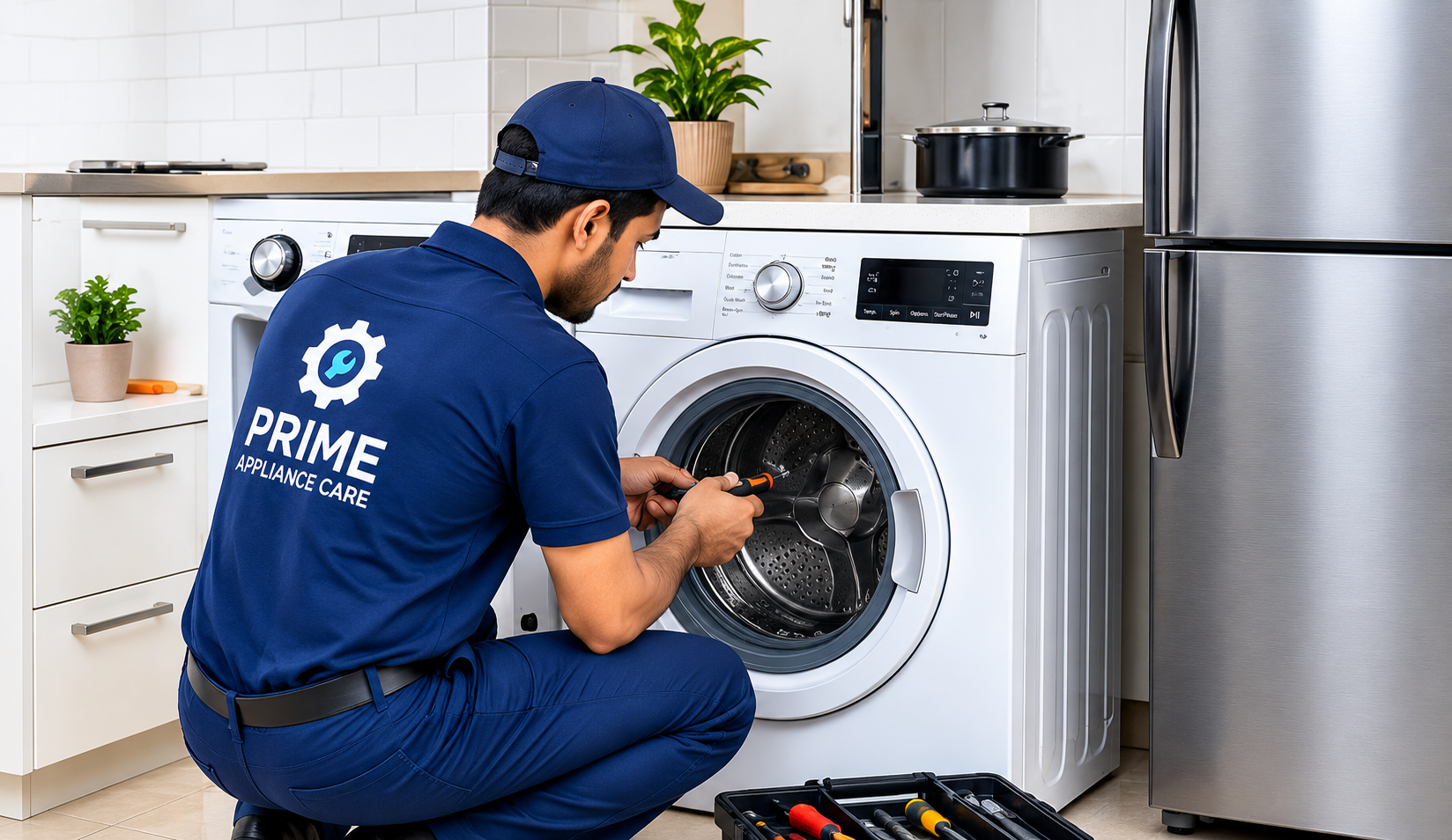 Technician servicing a refrigerator